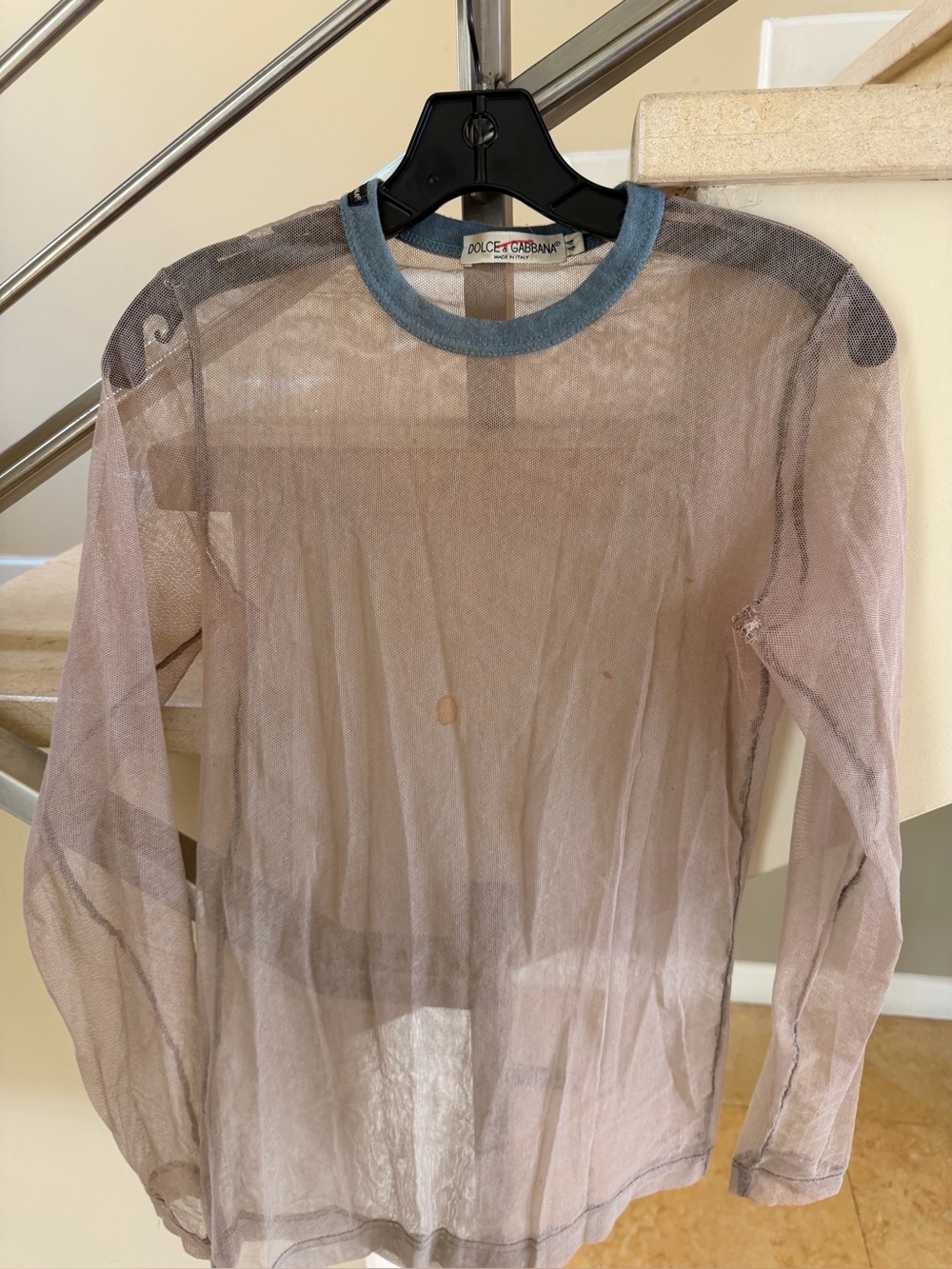 Vintage Dolce & Gabbana Sheer Light Taupe Crewneck Sweater with Blue Trim